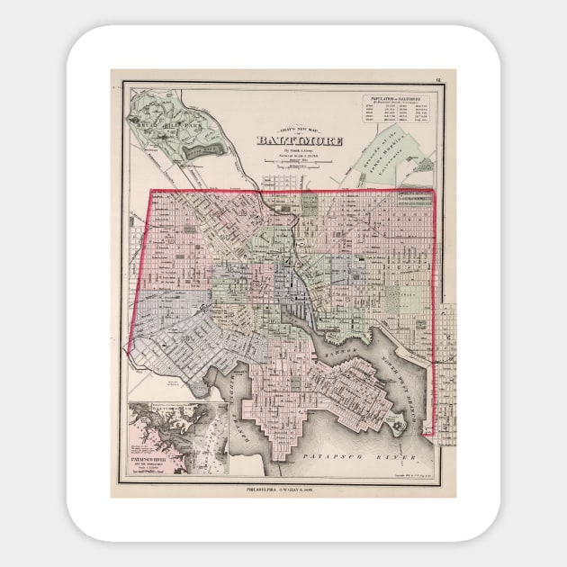 Vintage Map of Baltimore MD (1876) Sticker by Bravuramedia